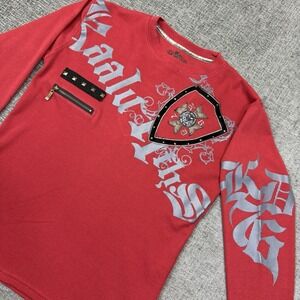 Kaalu Y2K Thermal Waffle Knit Shirt Mens Medium Red Graphic Studded Long Sleeve